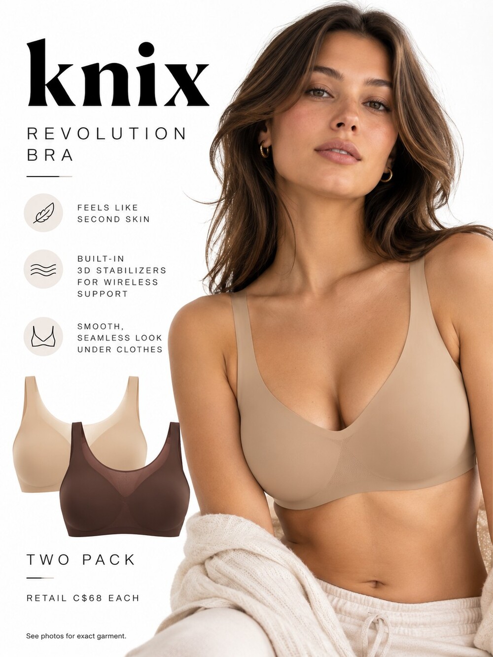 Knix Wireless Bras 2-Pack Brown & Beige Large Like New NWOT Revolution